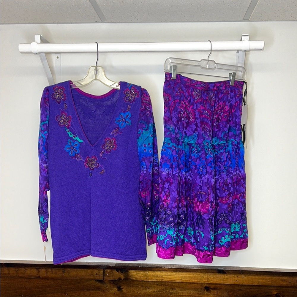 NWT Deadstock Vintage 80’s Floral Purple Sweater & Skirt‎ Set- L Top & 12 Skirt